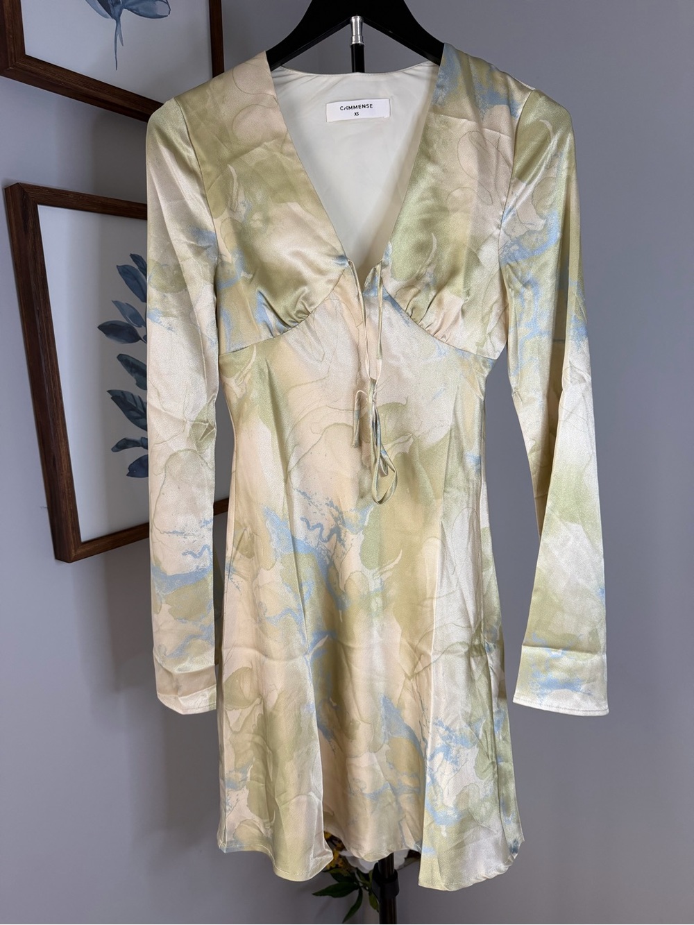 Commense Pale Green, Cream & Sky Blue Marble-Print Satin Long Sleeve Mini Dress